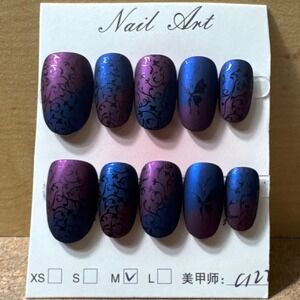 Nail Art Press On Nails Purple Blue Ombre Medium Length New